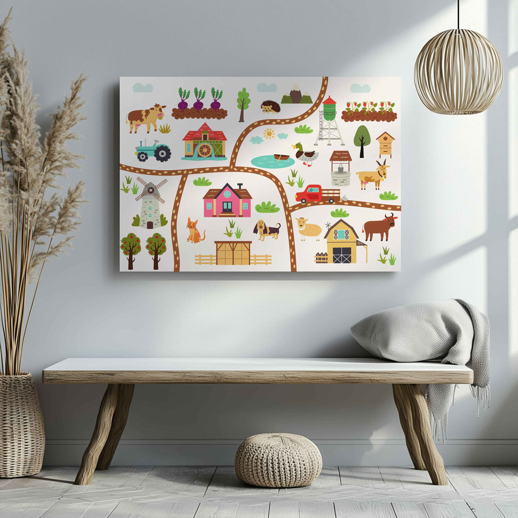 Colourful Nursery Child Animal Farm Map - Framed Canvas Wall Art Print