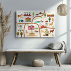 Colourful Nursery Child Animal Farm Map - Framed Canvas Wall Art Print | House Prints
