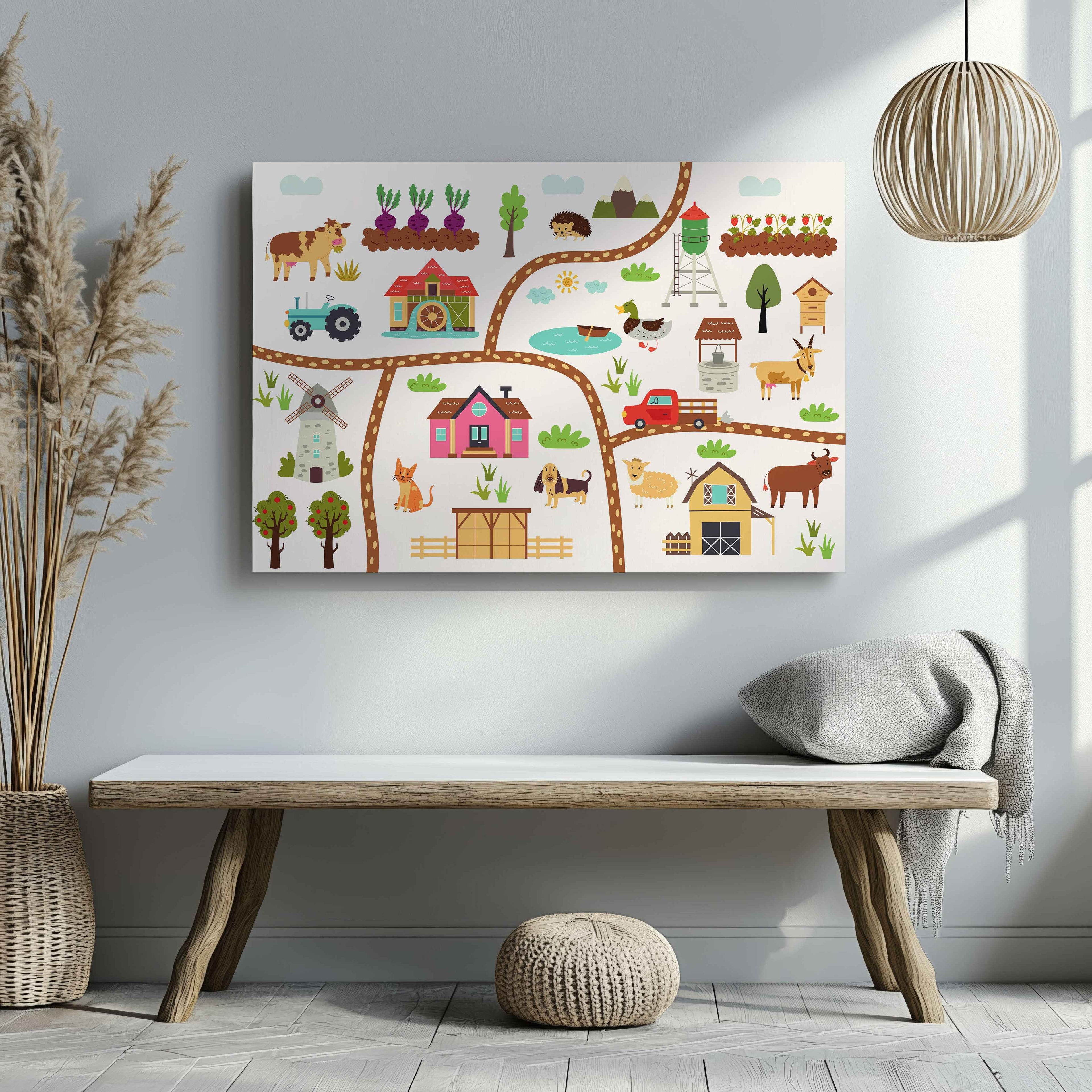 Colourful Nursery Child Animal Farm Map - Framed Canvas Wall Art Print
