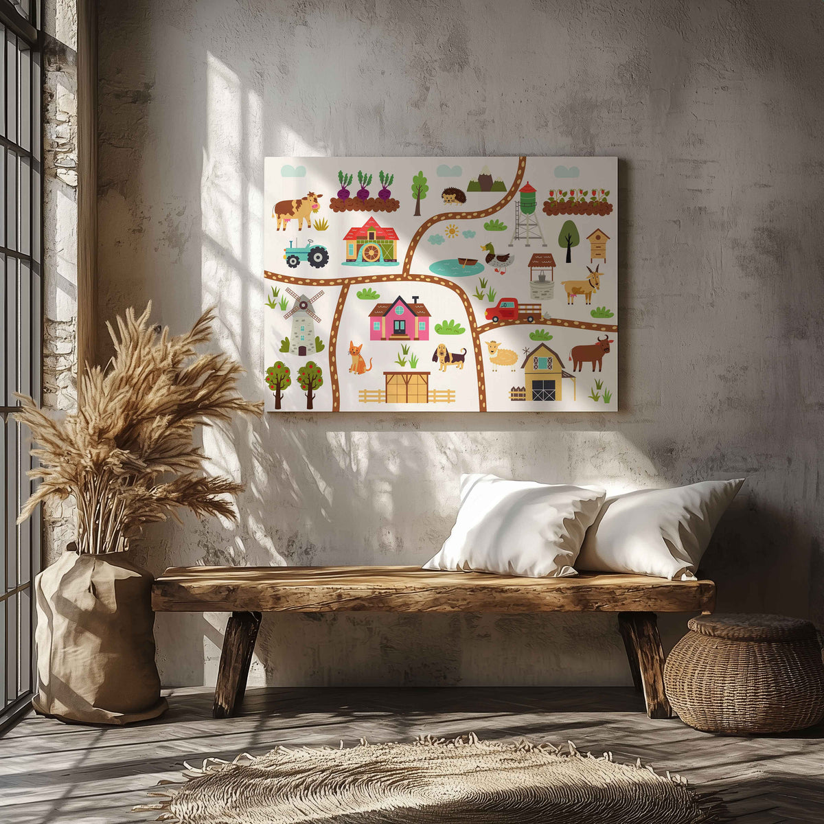 Colourful Nursery Child Animal Farm Map - Framed Canvas Wall Art Print