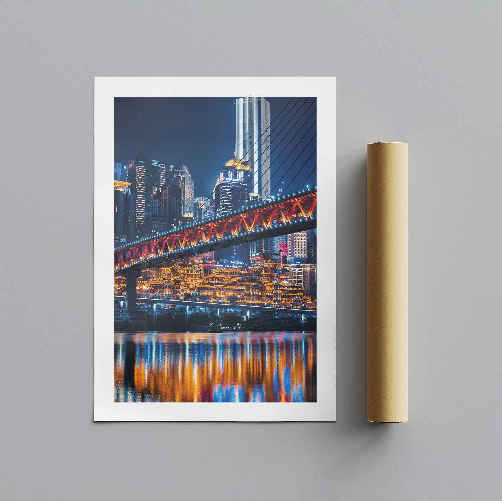 Colourful Travel City Bridge at Night - Rolled Poster Wall Art Print | House Prints