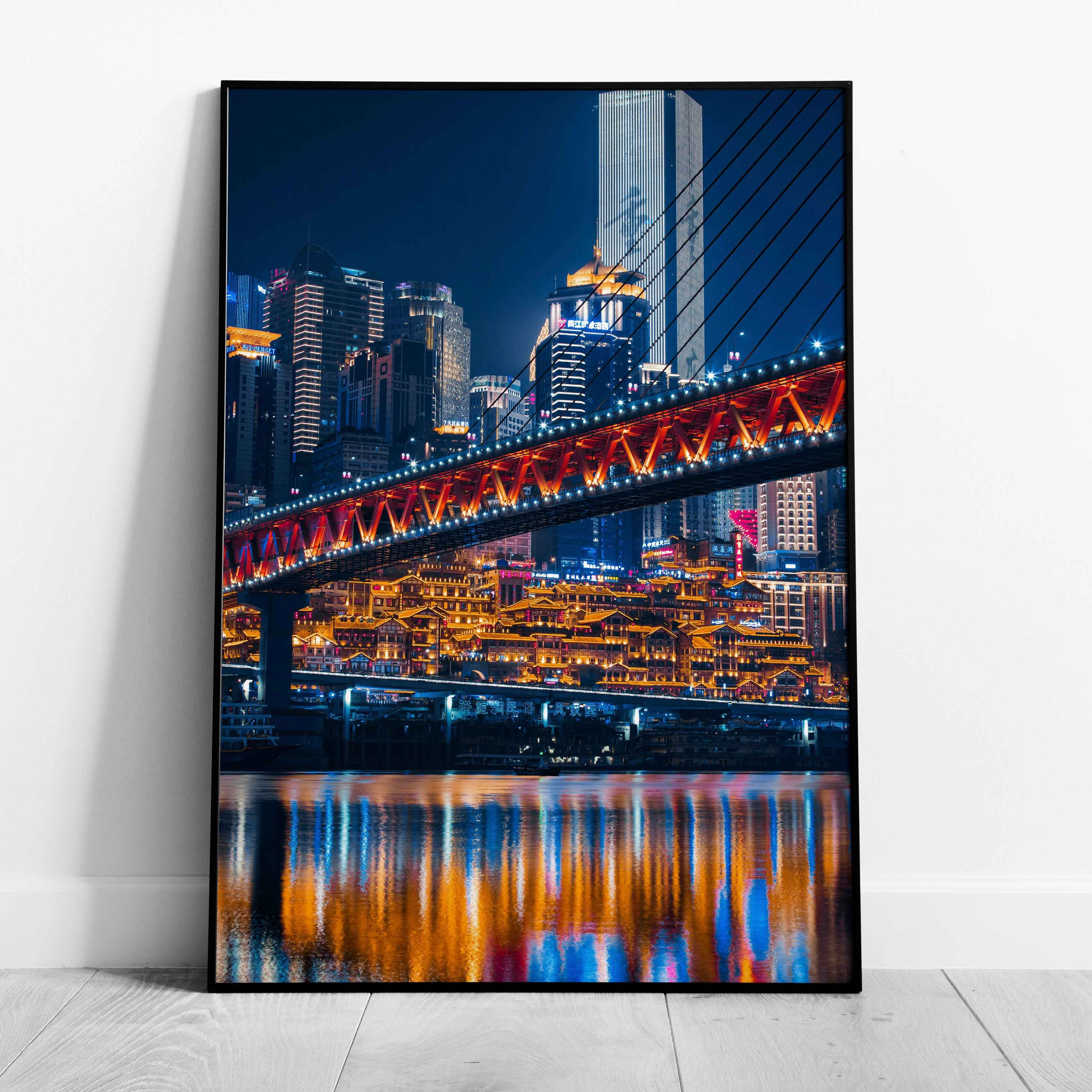 Colourful Travel City Bridge at Night - Rolled Poster Wall Art Print | House Prints