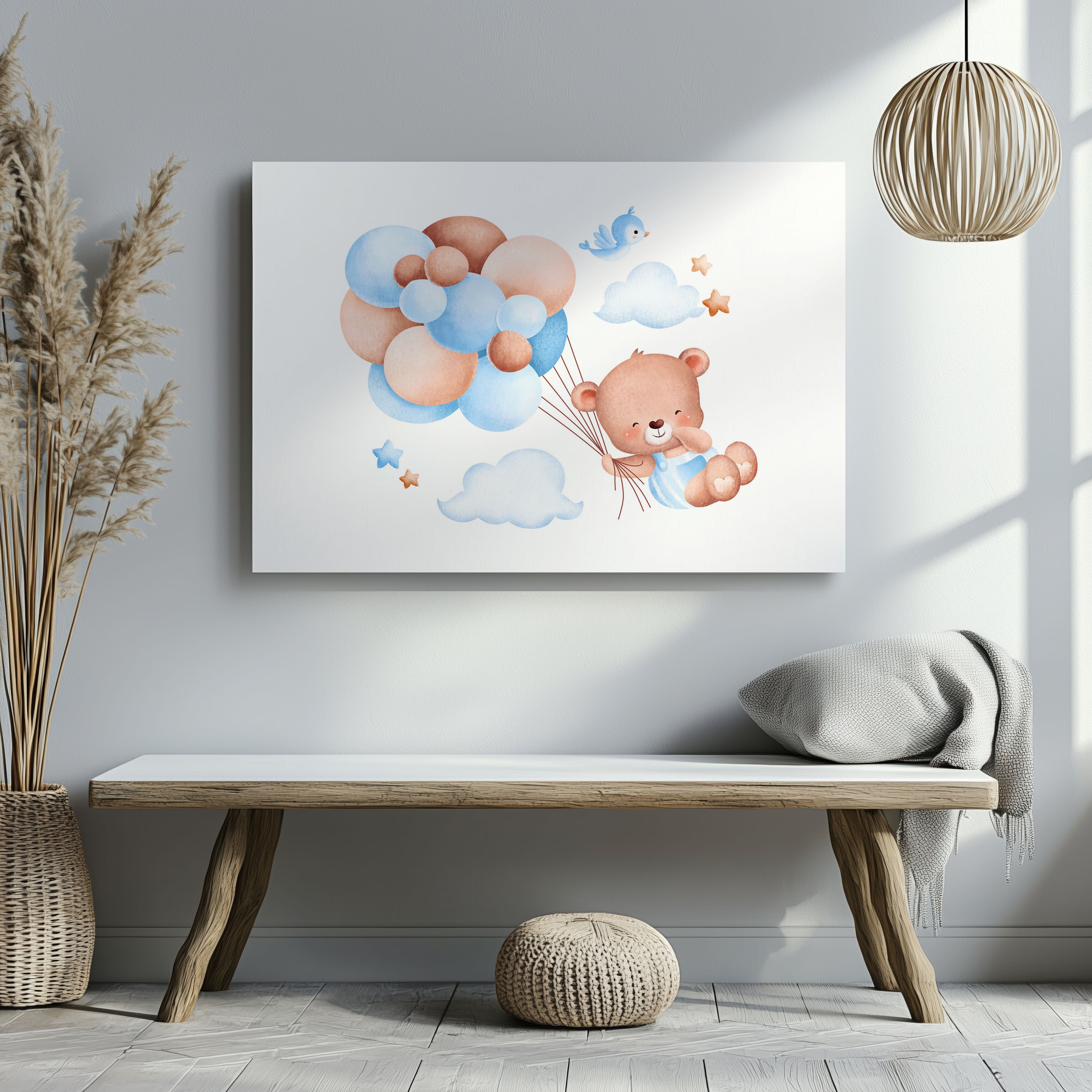 Cute Dreaming Bear with Blue Balloons - Framed Canvas Wall Art Print | House Prints