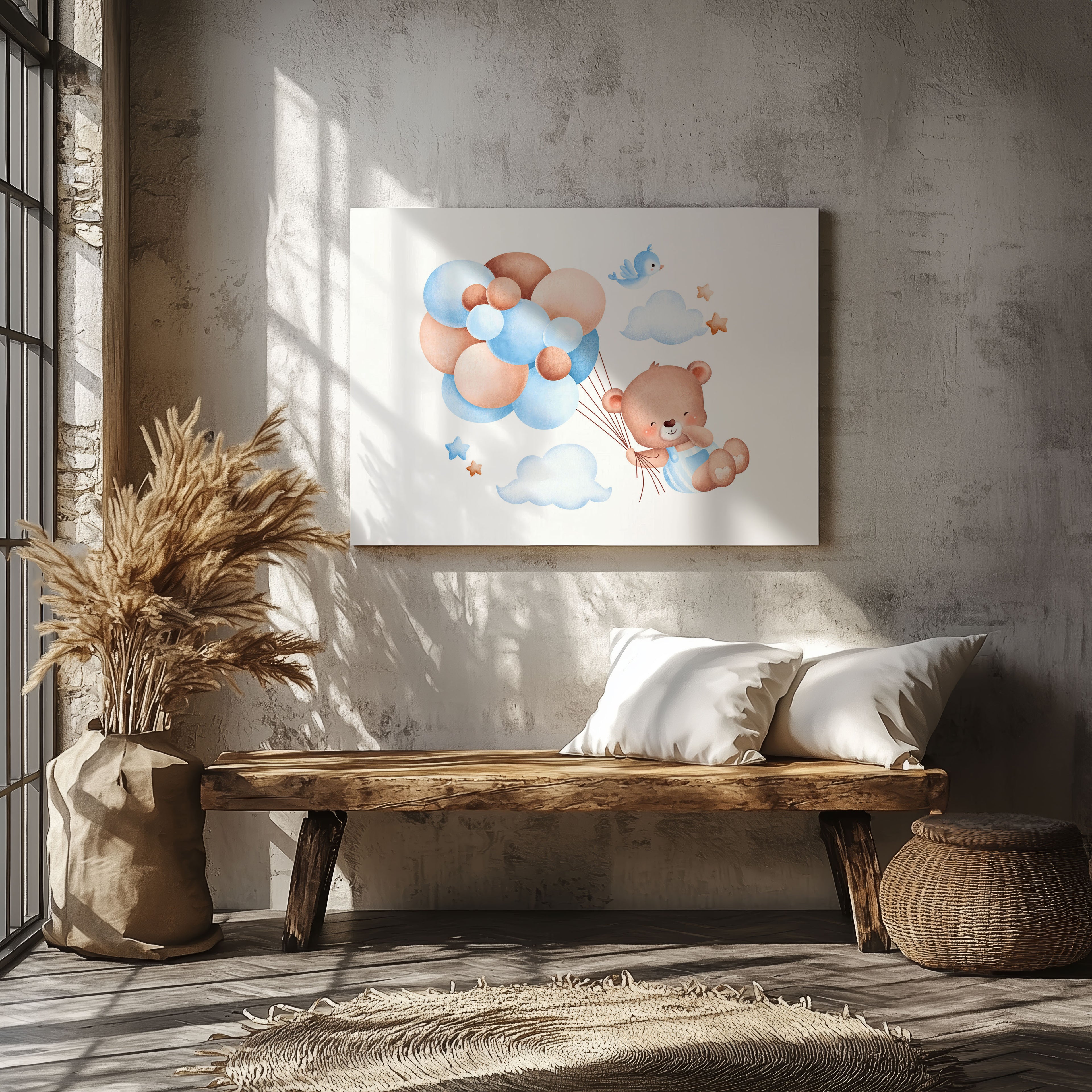 Cute Dreaming Bear with Blue Balloons - Framed Canvas Wall Art Print | House Prints