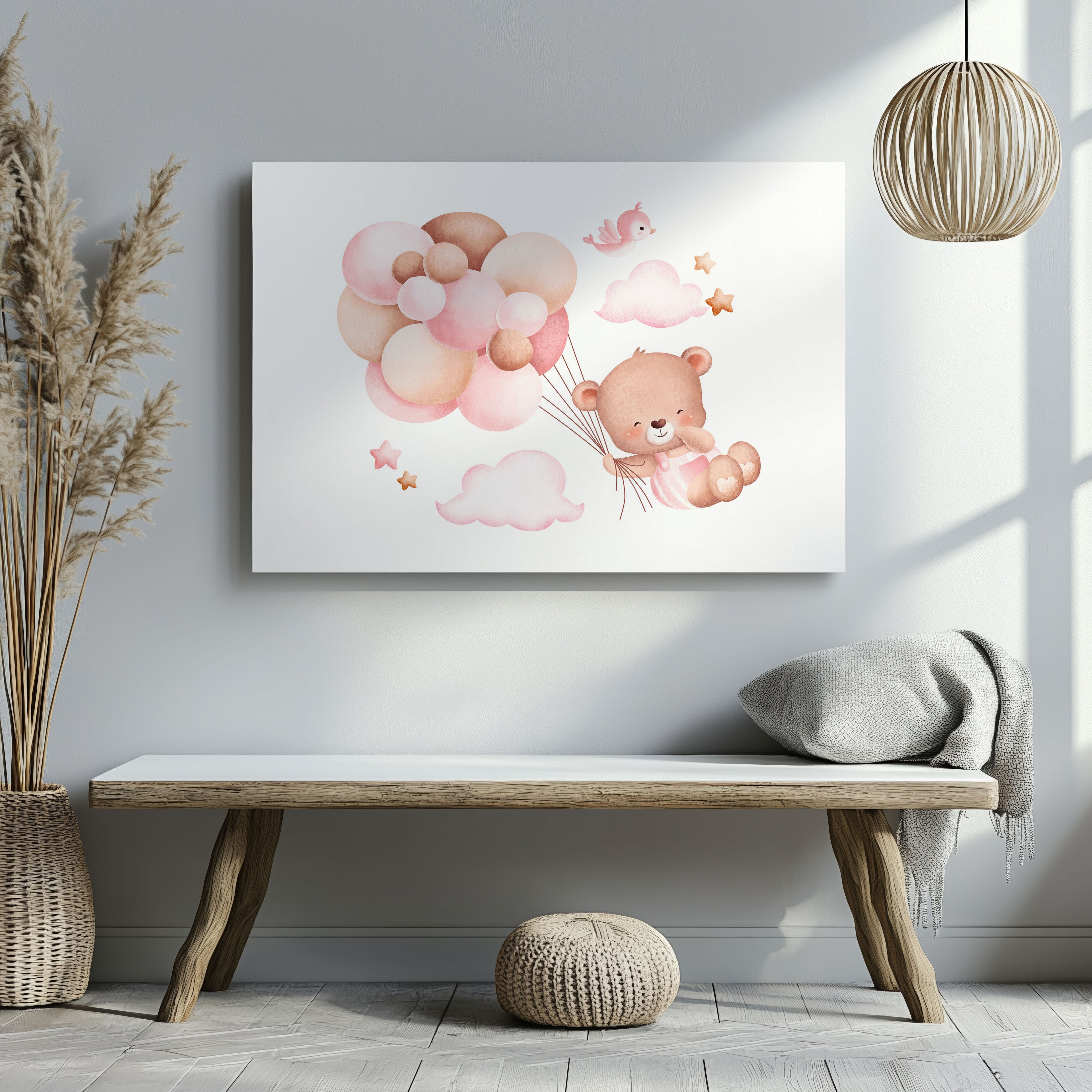 Cute Dreaming Bear with Pink Balloons - Framed Canvas Wall Art Print | House Prints