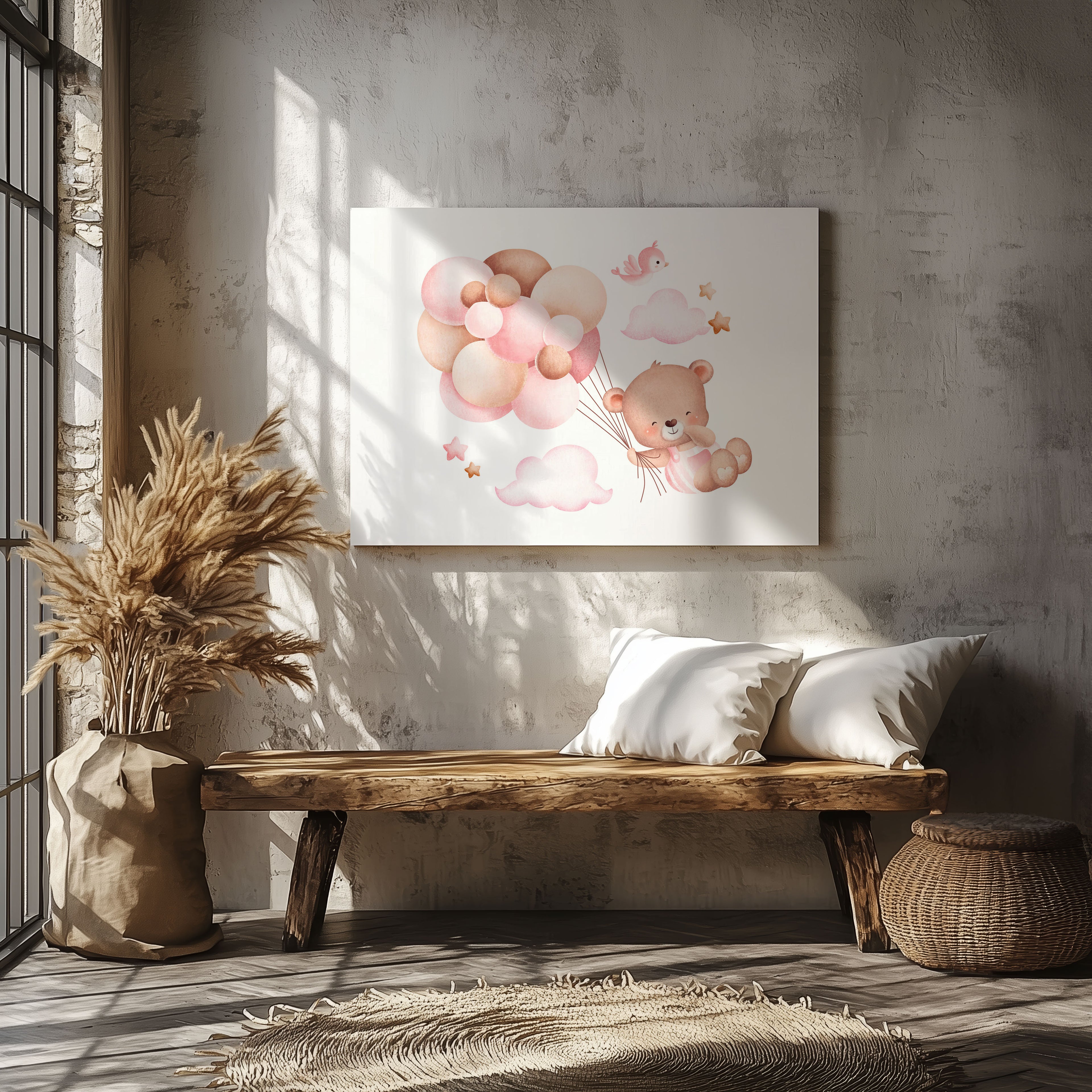 Cute Dreaming Bear with Pink Balloons - Framed Canvas Wall Art Print | House Prints