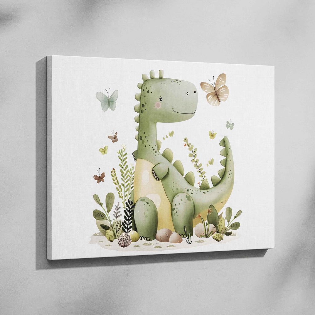 Cute Green Dinosaur in Nature - Framed Canvas Wall Art Print | House Prints