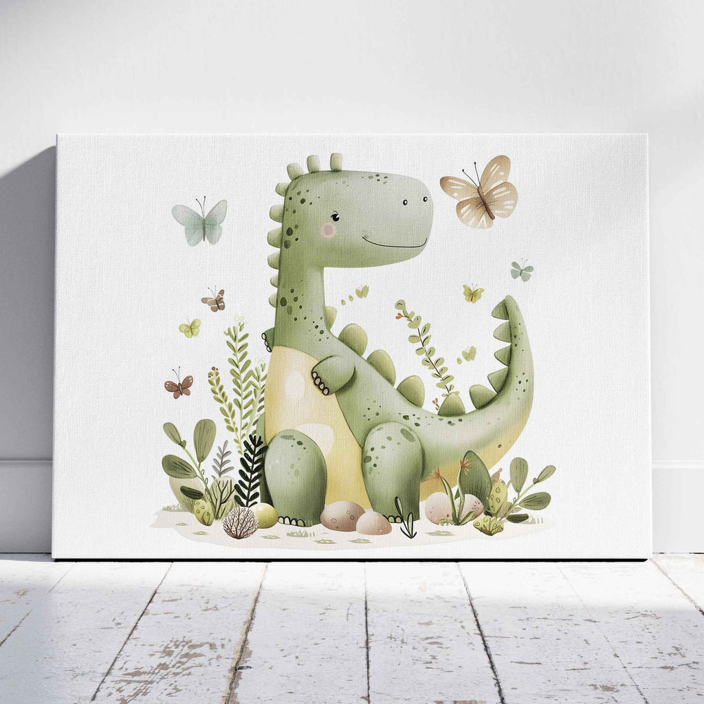 Cute Green Dinosaur in Nature - Framed Canvas Wall Art Print | House Prints