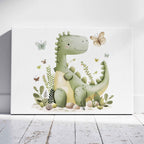 Cute Green Dinosaur in Nature - Framed Canvas Wall Art Print | House Prints