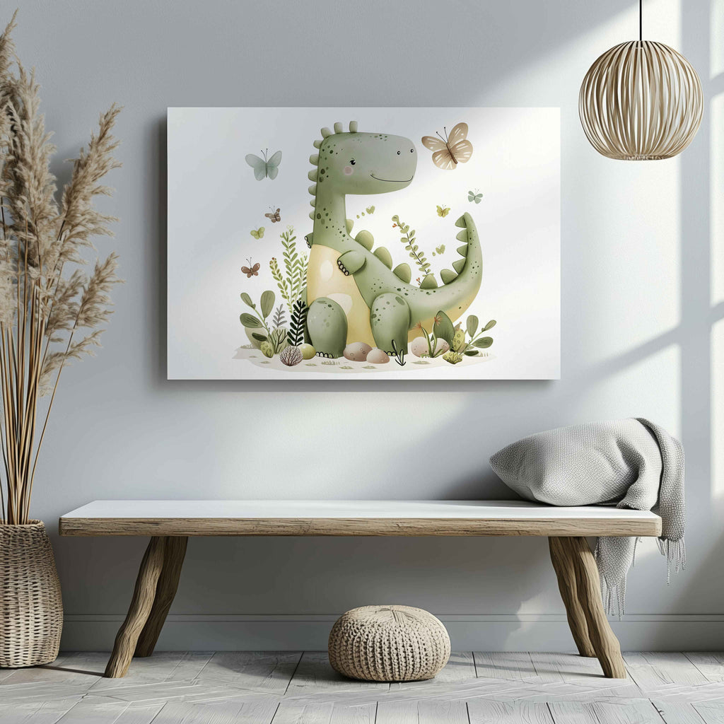Cute Green Dinosaur in Nature - Framed Canvas Wall Art Print | House Prints