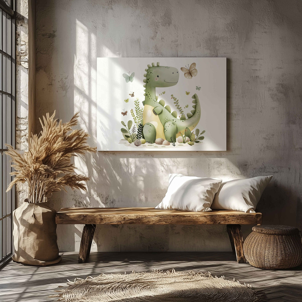 Cute Green Dinosaur in Nature - Framed Canvas Wall Art Print | House Prints