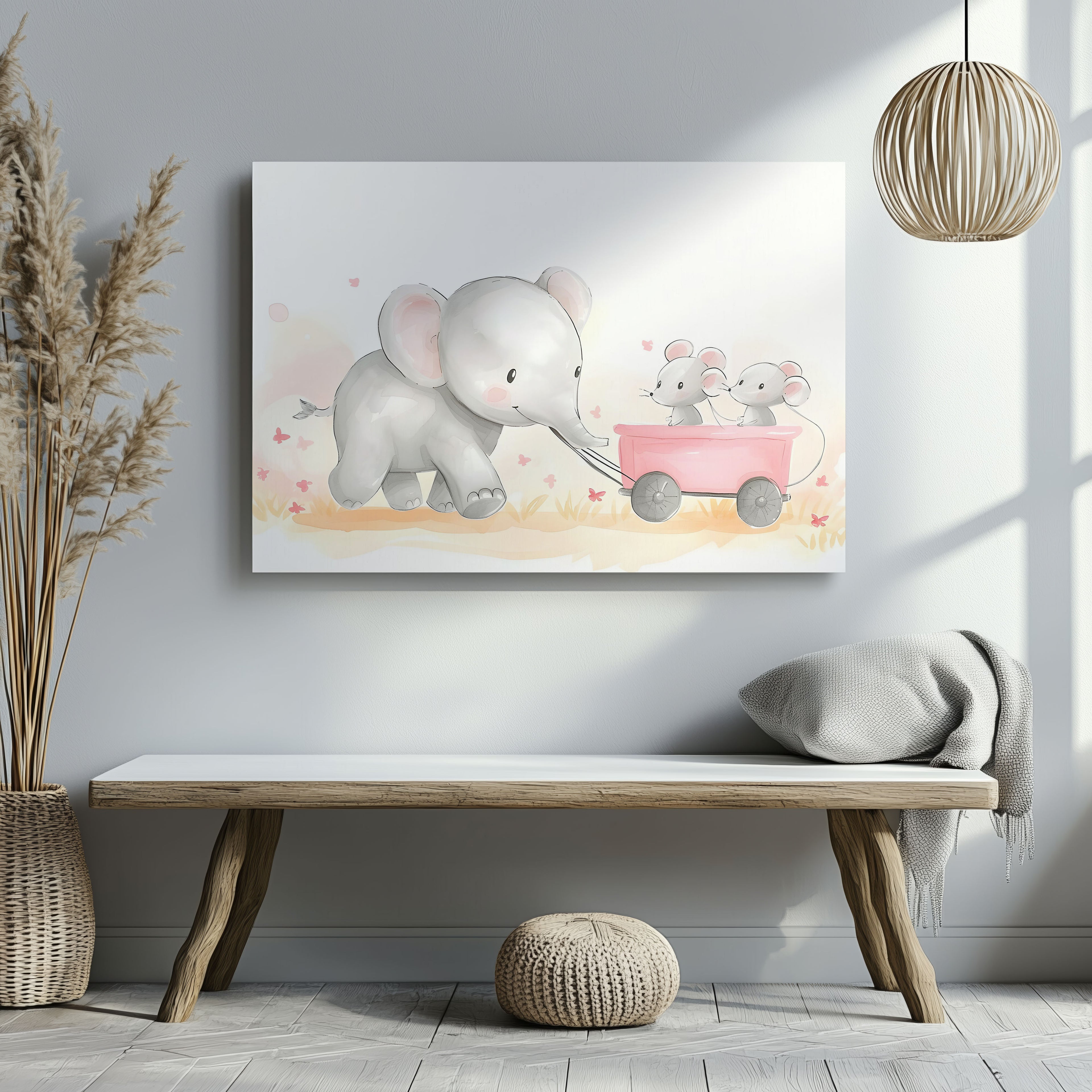 Cute Nursery Elephant & Friends Playtime - Framed Canvas Wall Art Print | House Prints