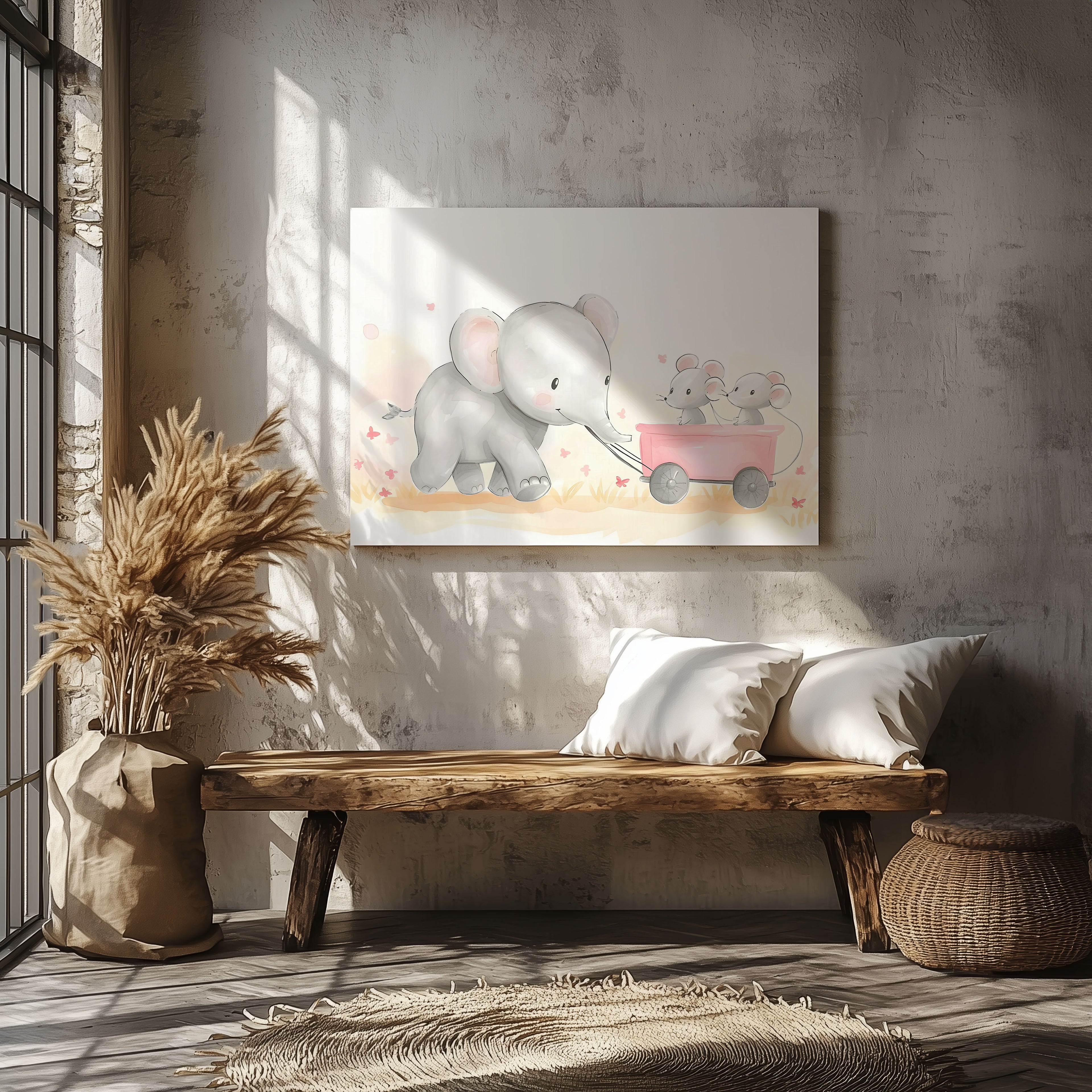 Cute Nursery Elephant & Friends Playtime - Framed Canvas Wall Art Print | House Prints