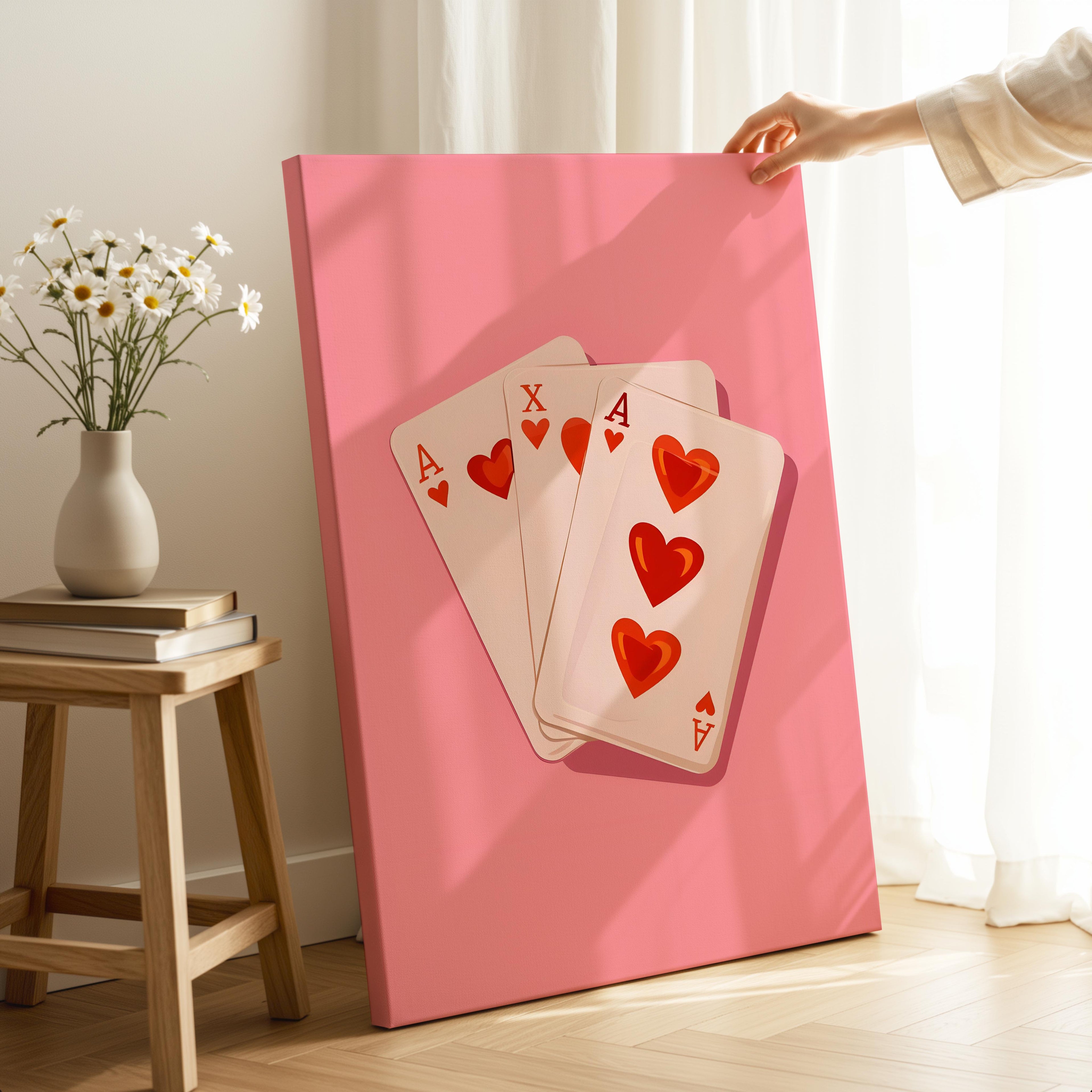 Cute Pink Love Heart Playing Cards - Framed Canvas Wall Art Print