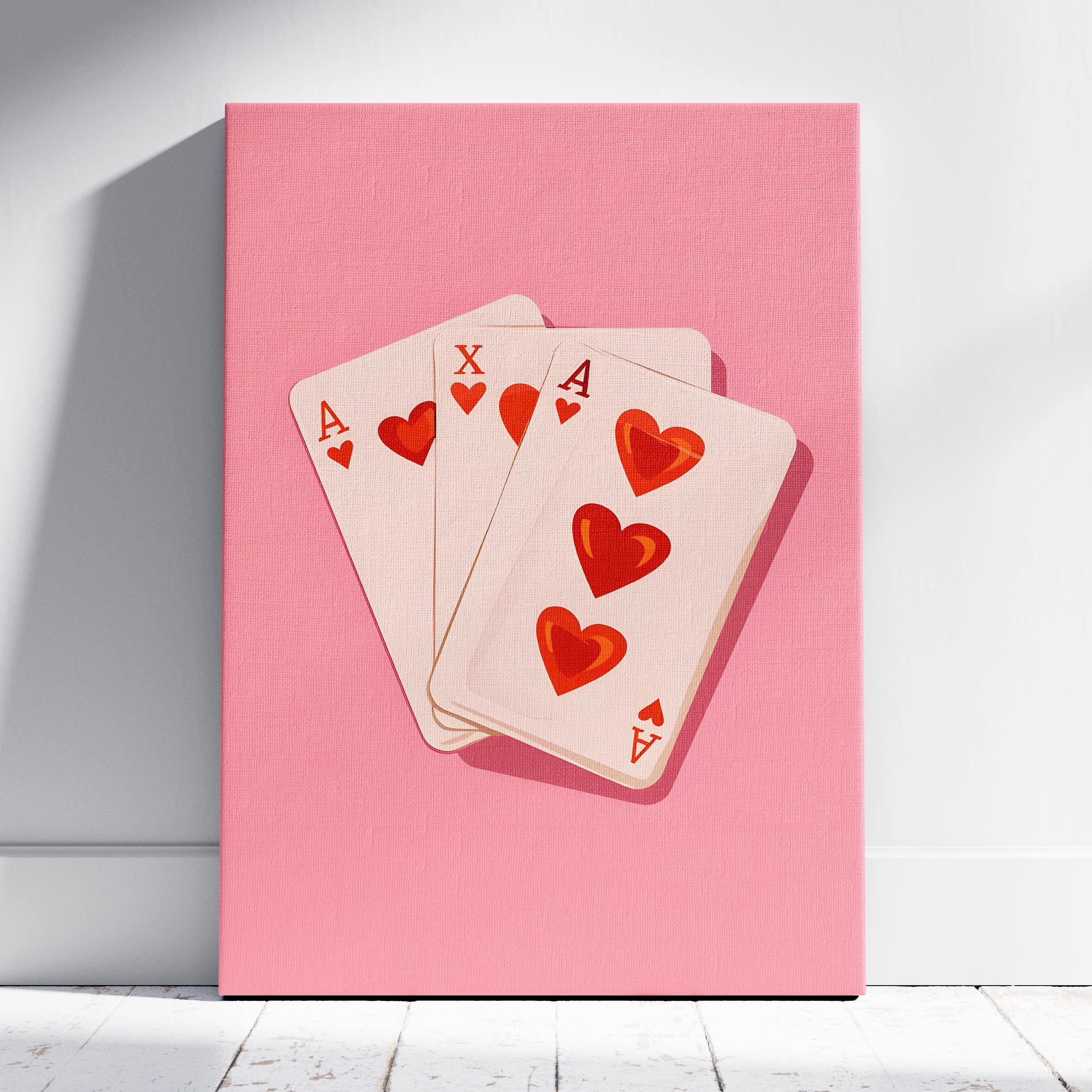 Cute Pink Love Heart Playing Cards - Framed Canvas Wall Art Print