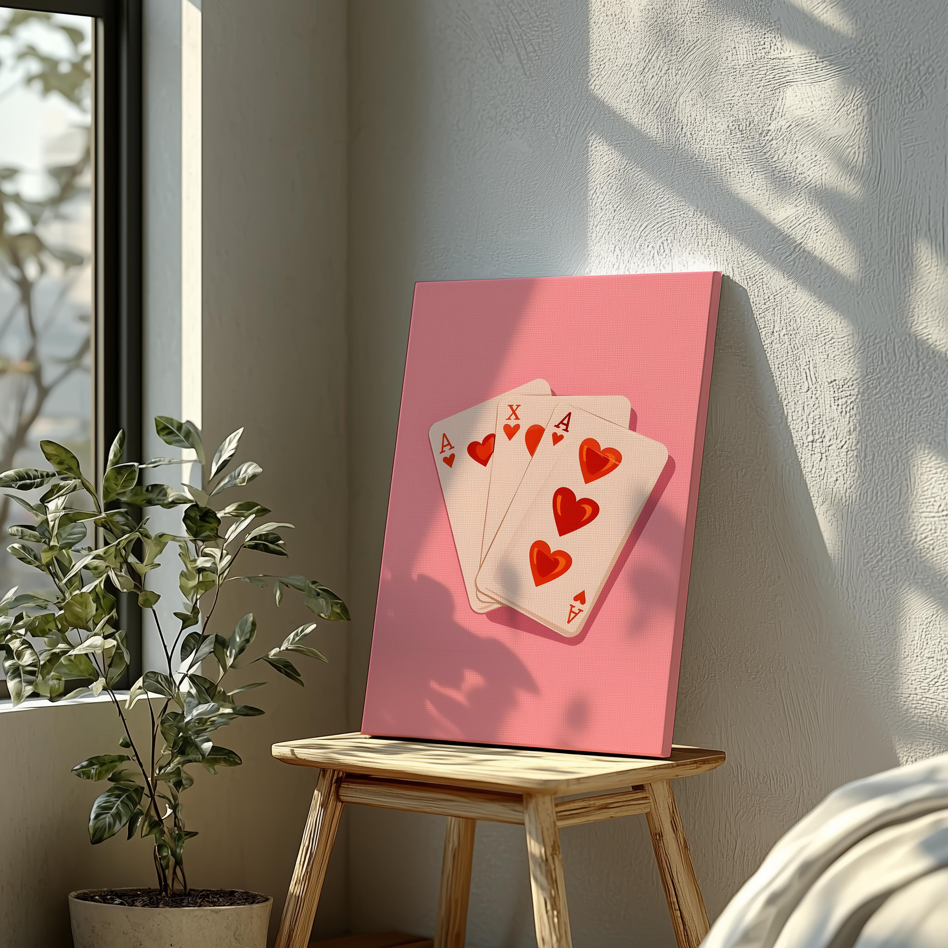 Cute Pink Love Heart Playing Cards - Framed Canvas Wall Art Print
