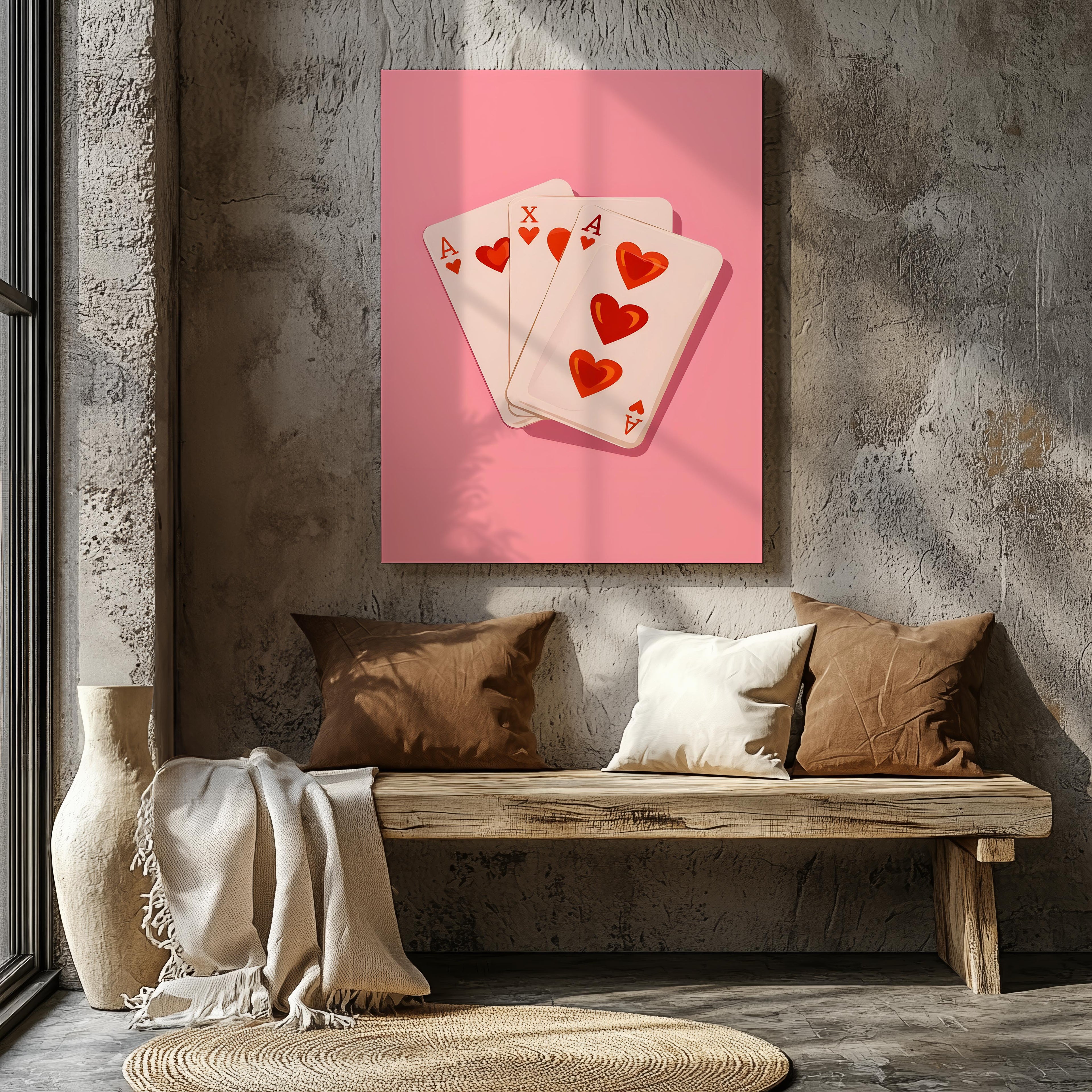 Cute Pink Love Heart Playing Cards - Framed Canvas Wall Art Print