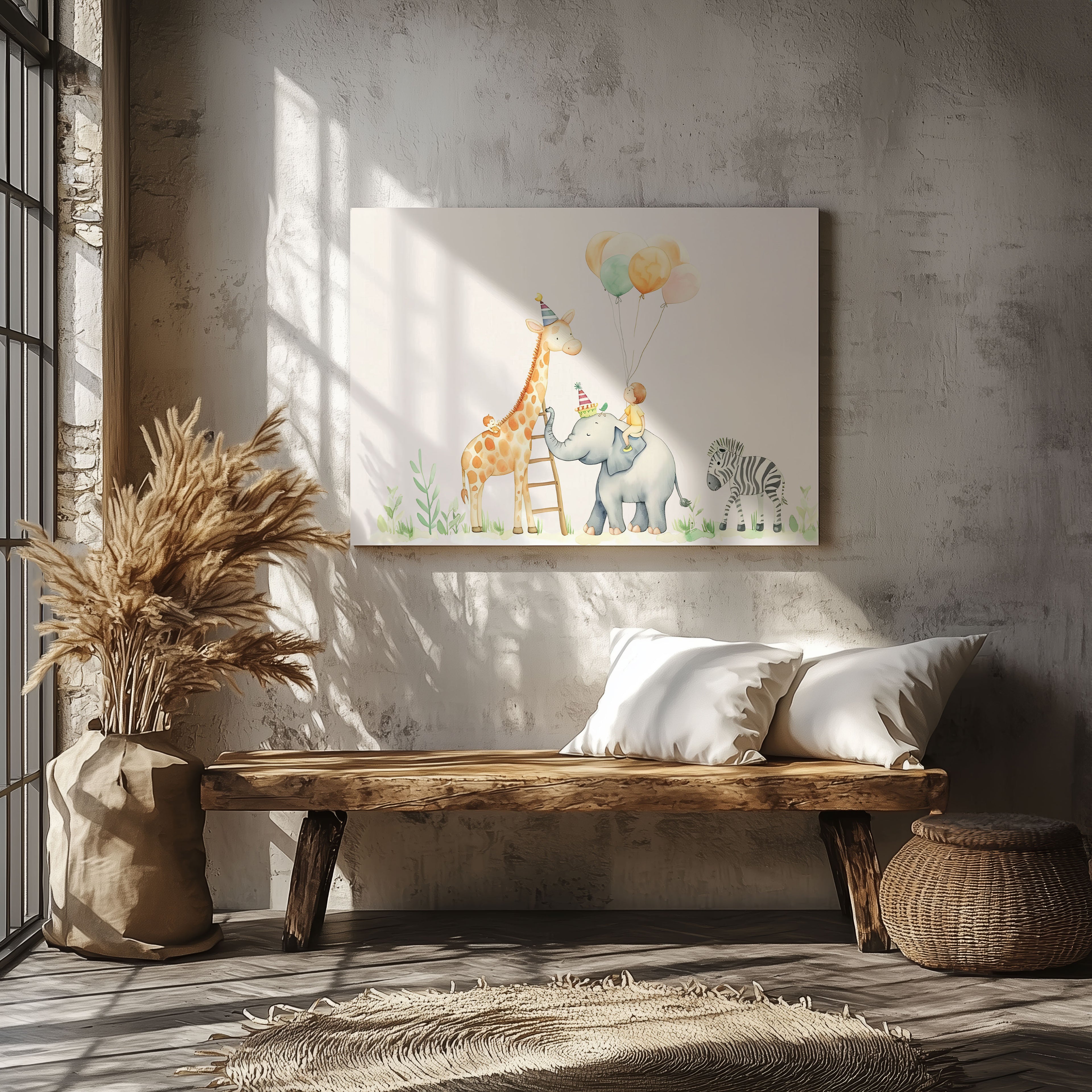 Cute Safari Animal Birthday Balloons - Framed Canvas Wall Art Print | House Prints