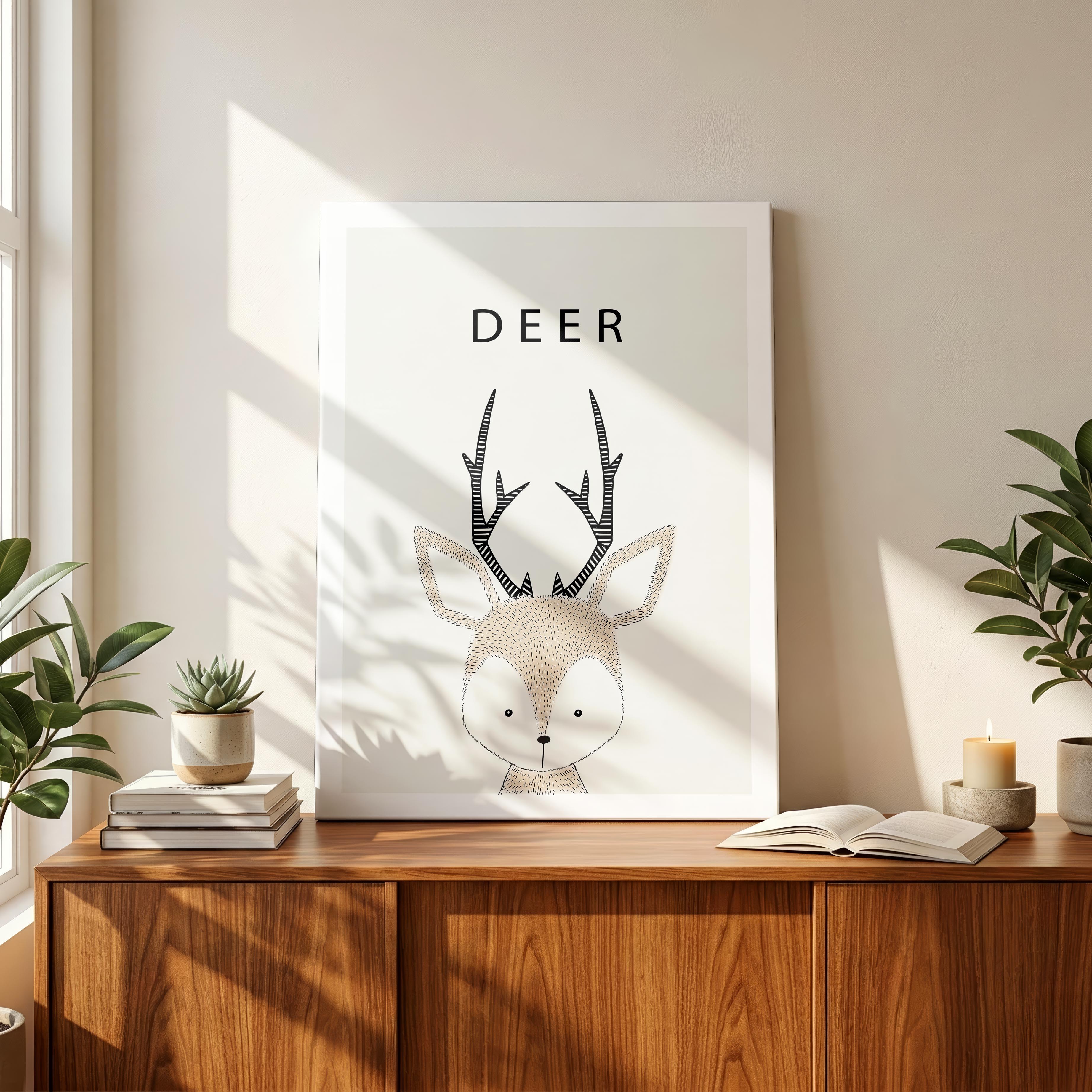 Cute Woodland Deer Animal Nursery - Framed Canvas Wall Art Print