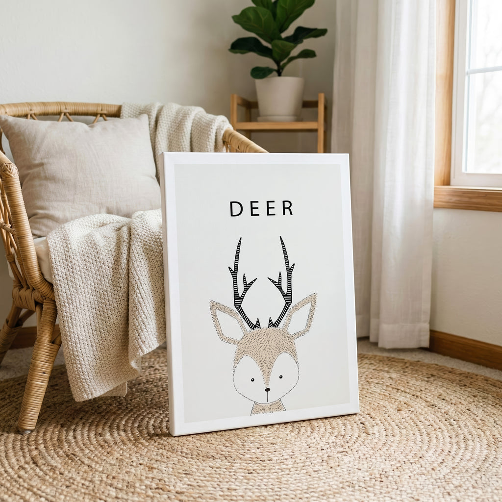 Cute Woodland Deer Animal Nursery - Framed Canvas Wall Art Print