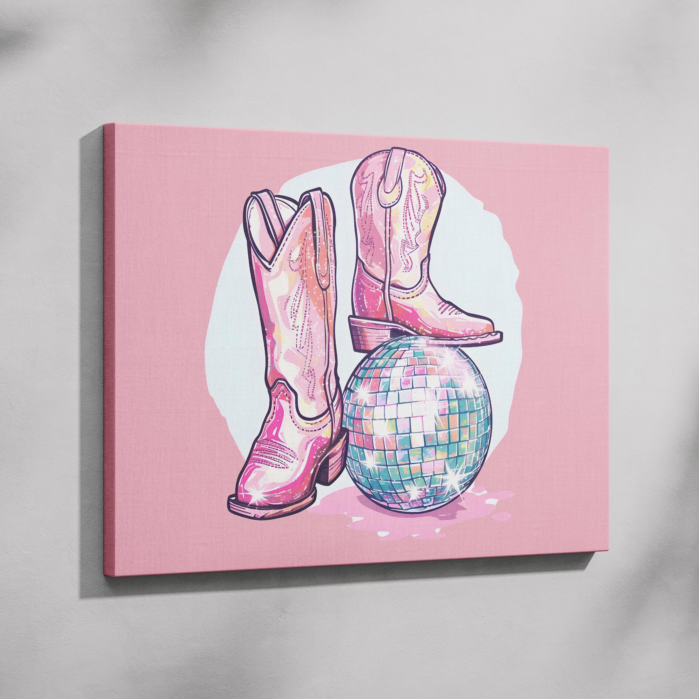 Disco Ball and Pink Cowgirl Boots - Framed Canvas Wall Art Print | House Prints