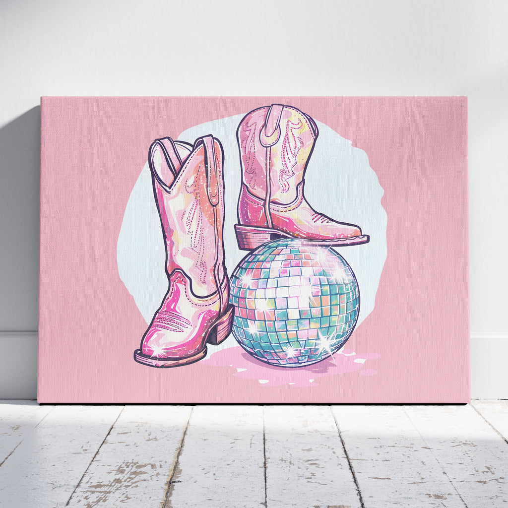 Disco Ball and Pink Cowgirl Boots - Framed Canvas Wall Art Print | House Prints