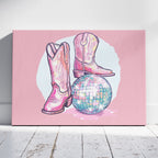 Disco Ball and Pink Cowgirl Boots - Framed Canvas Wall Art Print | House Prints