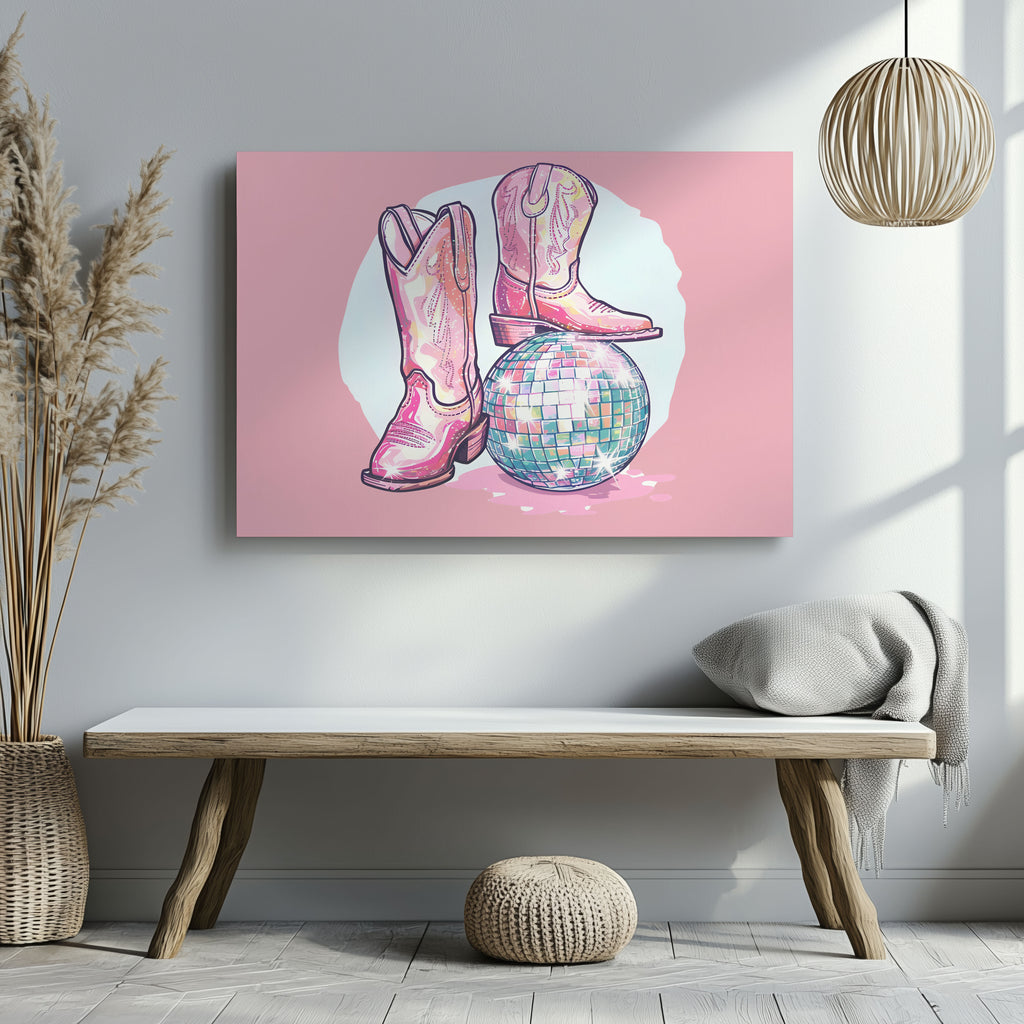 Disco Ball and Pink Cowgirl Boots - Framed Canvas Wall Art Print | House Prints