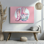 Disco Ball and Pink Cowgirl Boots - Framed Canvas Wall Art Print | House Prints