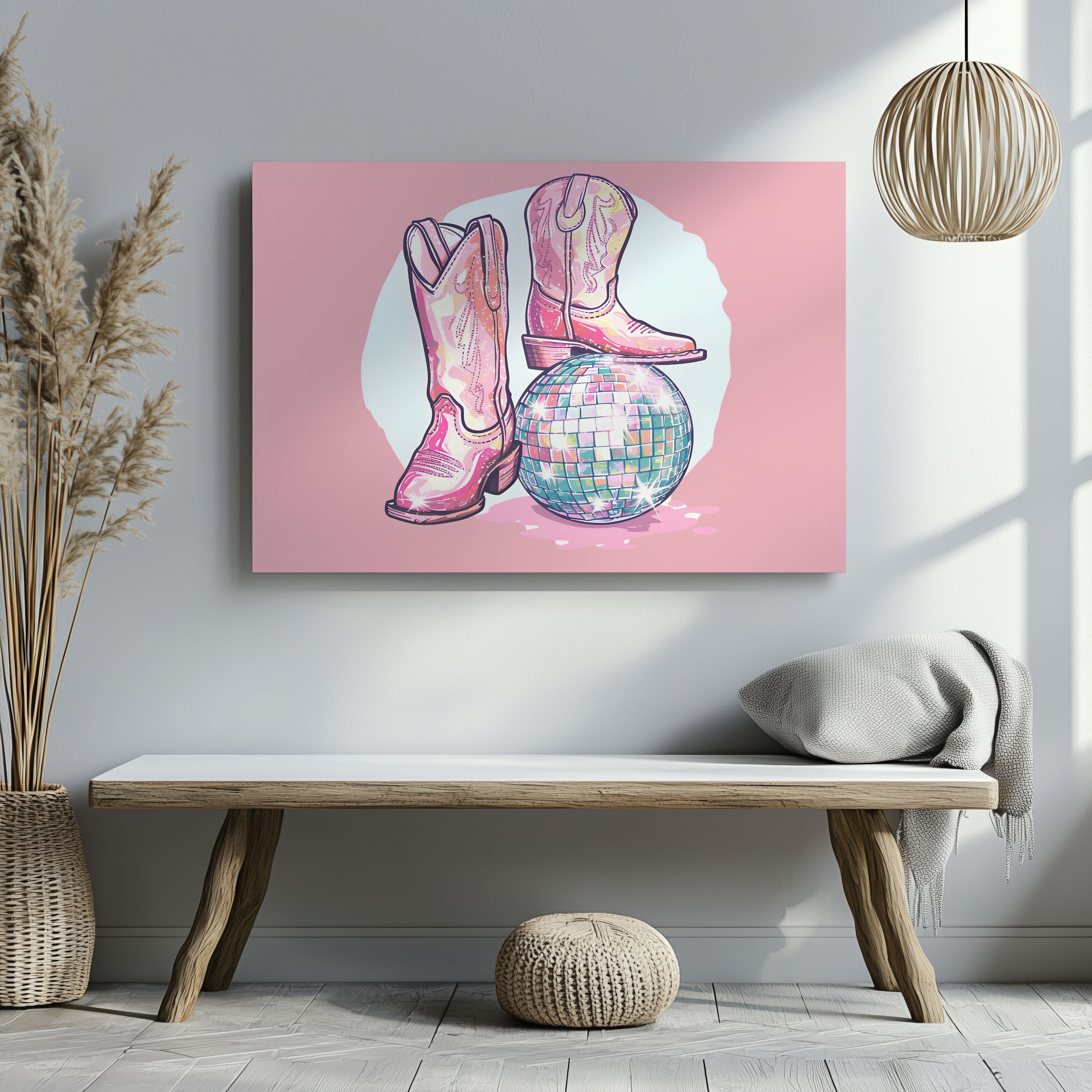 Disco Ball and Pink Cowgirl Boots - Framed Canvas Wall Art Print | House Prints