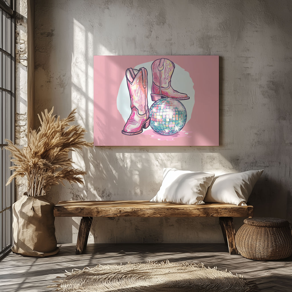 Disco Ball and Pink Cowgirl Boots - Framed Canvas Wall Art Print | House Prints