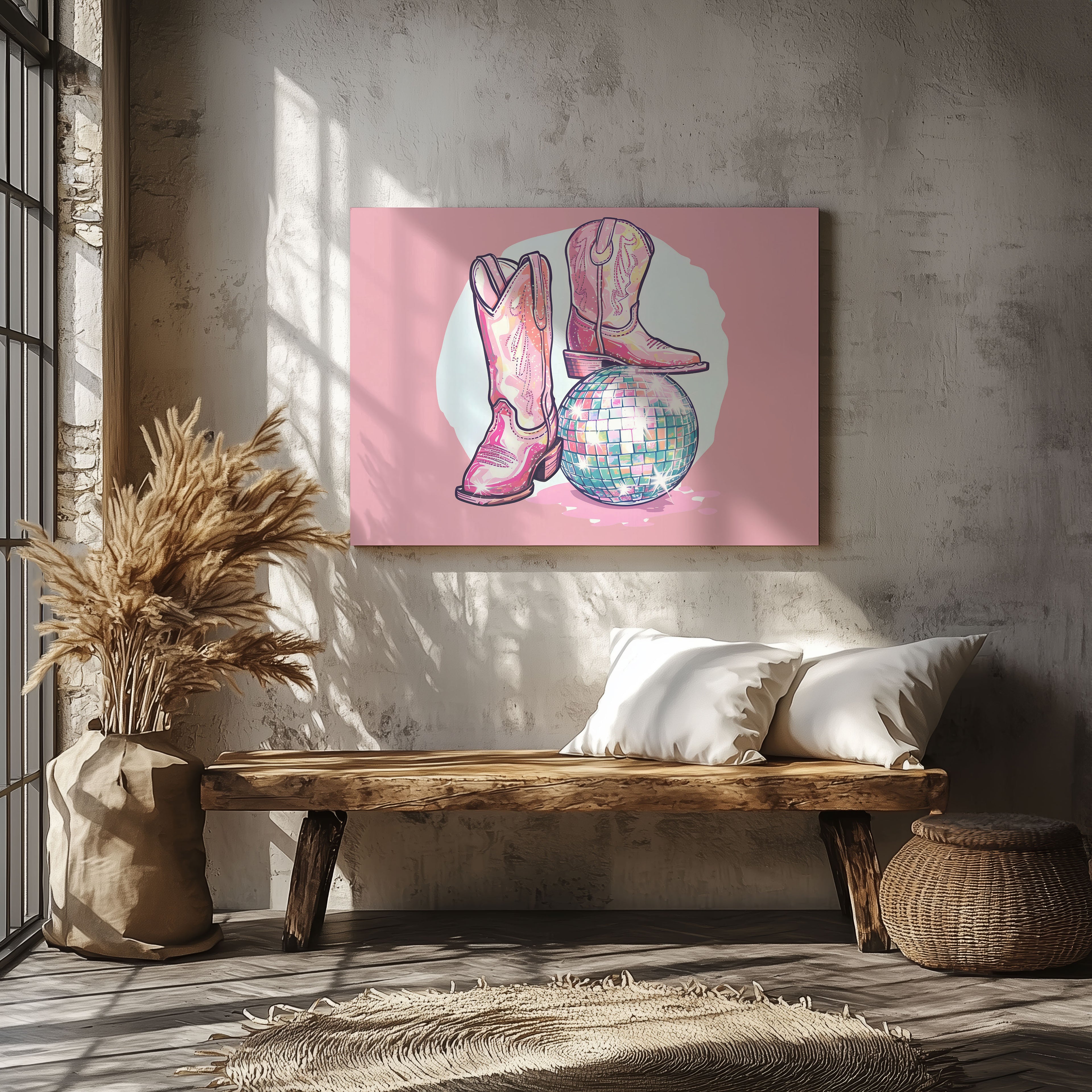 Disco Ball and Pink Cowgirl Boots - Framed Canvas Wall Art Print | House Prints
