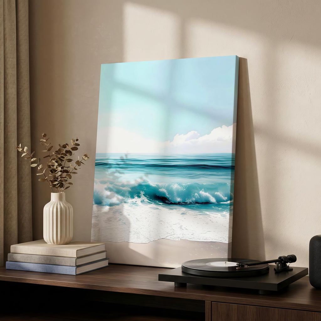 Dreamy Coastal Blue Ocean Waves in Summer - Framed Canvas Wall Art Print