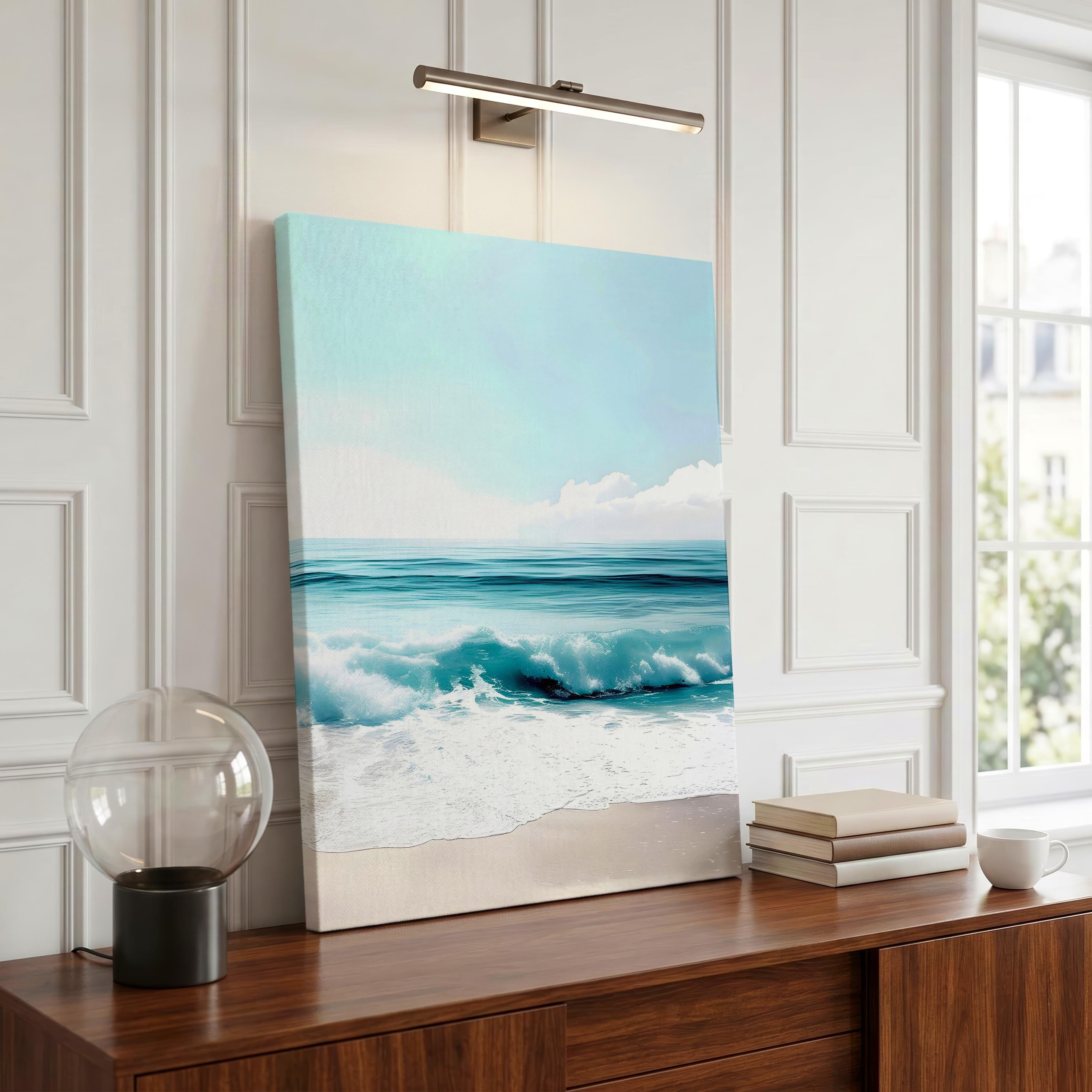 Dreamy Coastal Blue Ocean Waves in Summer - Framed Canvas Wall Art Print