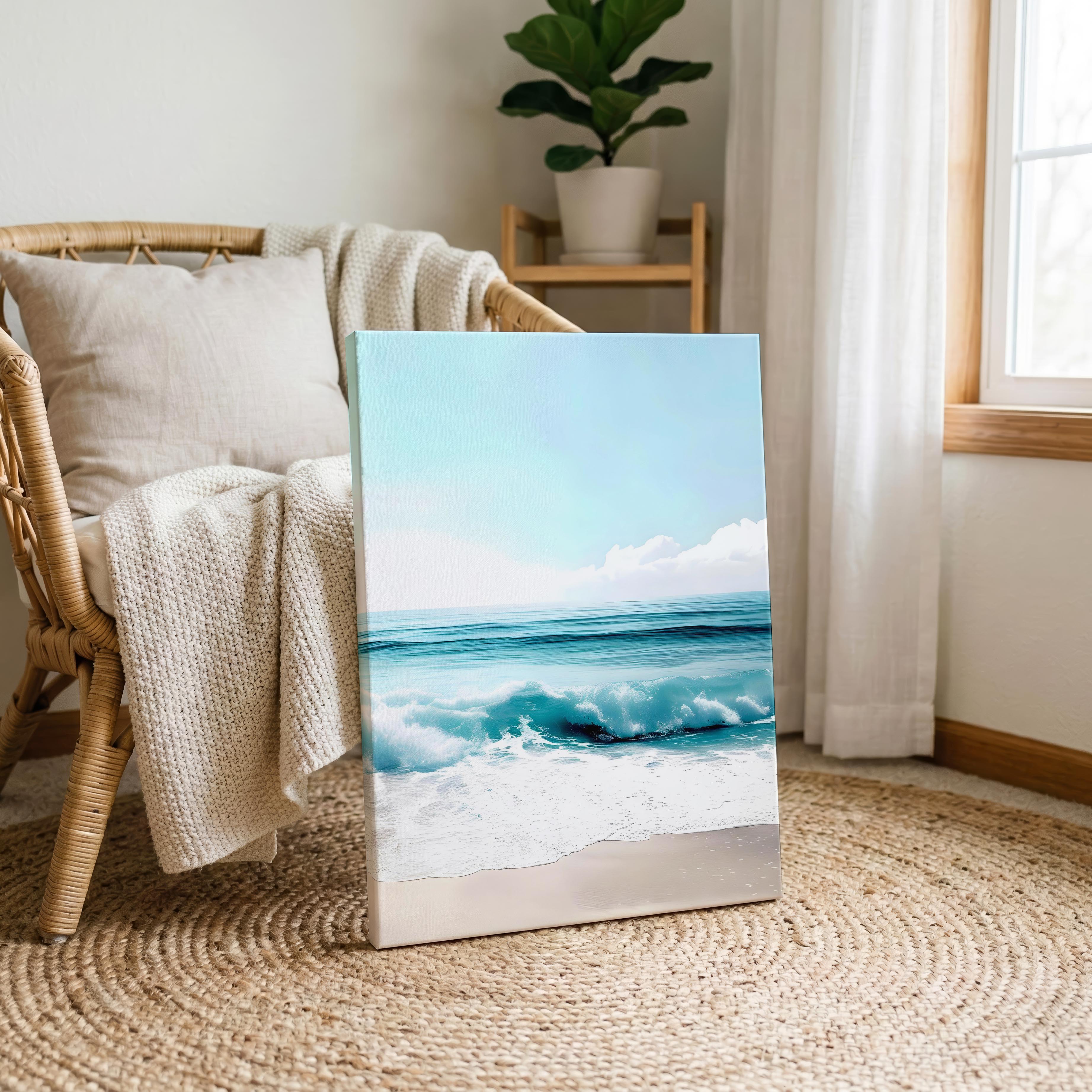 Dreamy Coastal Blue Ocean Waves in Summer - Framed Canvas Wall Art Print