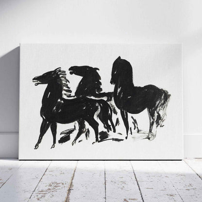 Drie Zwarte Paarden Staand Naar Links Kijkend - Leo Gestel - Framed Canvas Wall Art Print - House Prints
