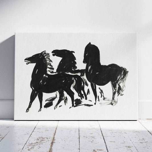 Drie Zwarte Paarden Staand Naar Links Kijkend - Leo Gestel - Framed Canvas Wall Art Print - House Prints