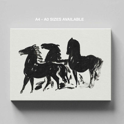 Drie Zwarte Paarden Staand Naar Links Kijkend - Leo Gestel - Framed Canvas Wall Art Print - House Prints