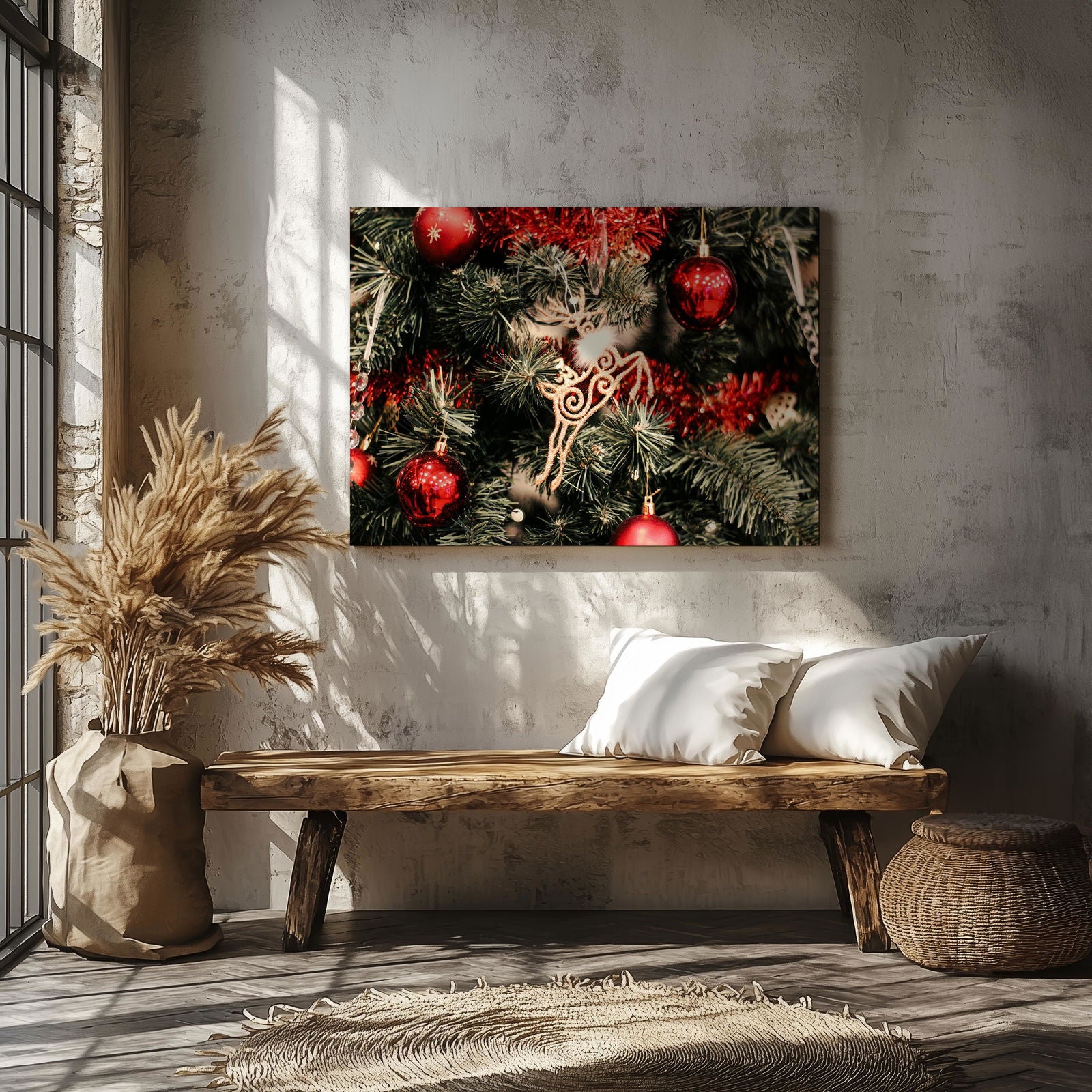 Festive Red & Gold Holiday Tree - Framed Canvas Wall Art Print | House Prints