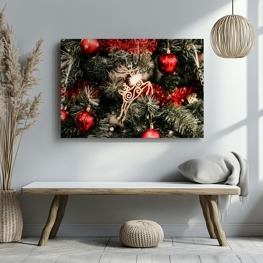 Festive Red & Gold Holiday Tree - Framed Canvas Wall Art Print | House Prints