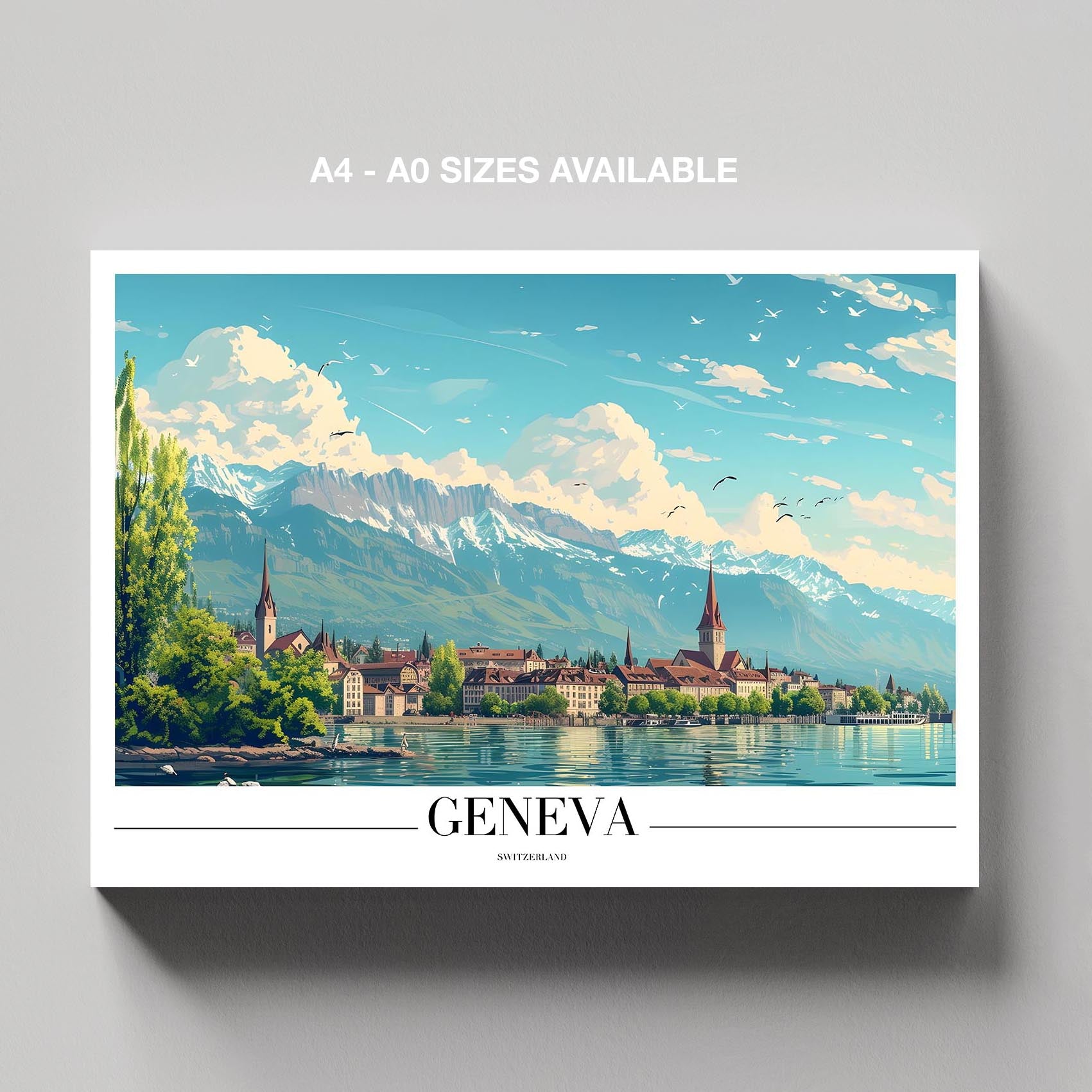 Geneva Switzerland World City Travel Art - Framed Canvas Wall Art Print - House Prints