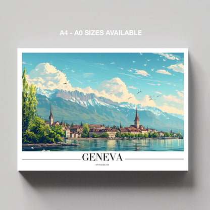 Geneva Switzerland World City Travel Art - Framed Canvas Wall Art Print - House Prints