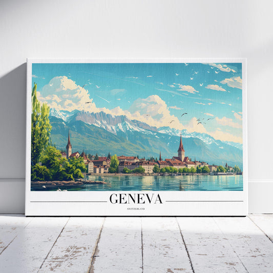 Geneva Switzerland World City Travel Art - Framed Canvas Wall Art Print - House Prints
