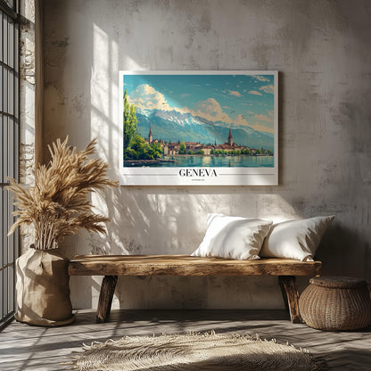 Geneva Switzerland World City Travel Art - Framed Canvas Wall Art Print - House Prints