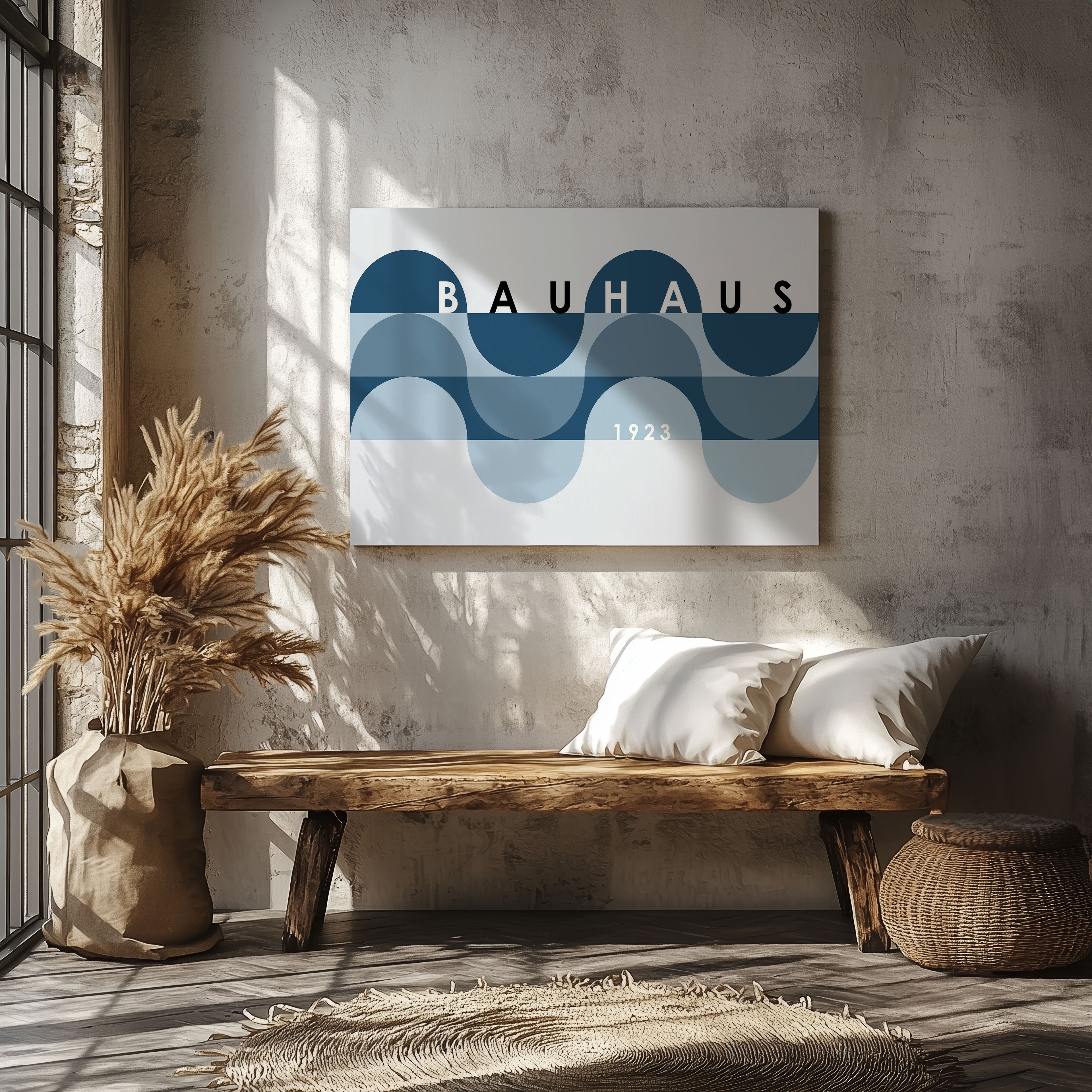 Geometric Bauhaus 1923 Abstract Blue Waves - Framed Canvas Wall Art Print | House Prints