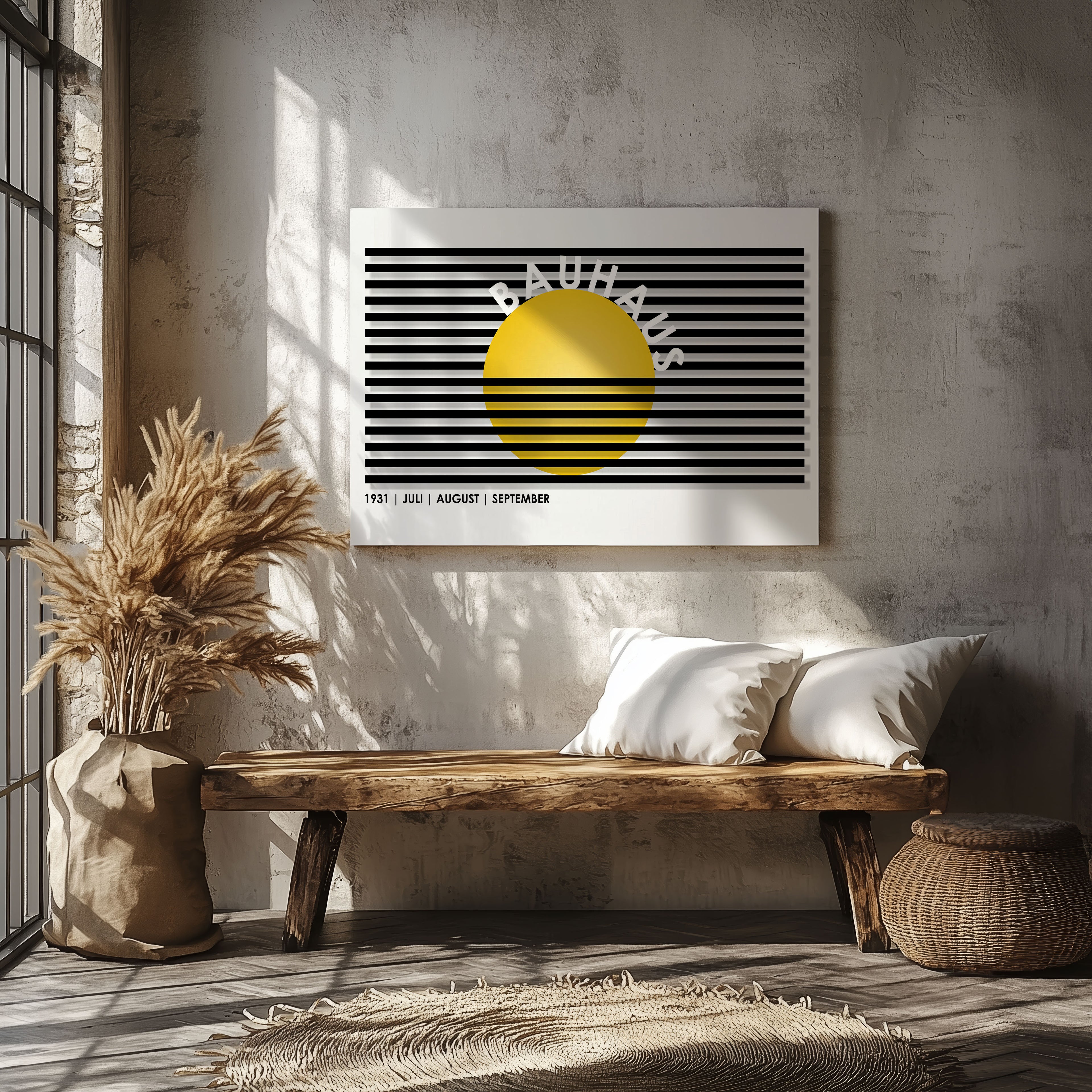 Geometric Bauhaus 1931 Yellow & Black Lines - Framed Canvas Wall Art Print