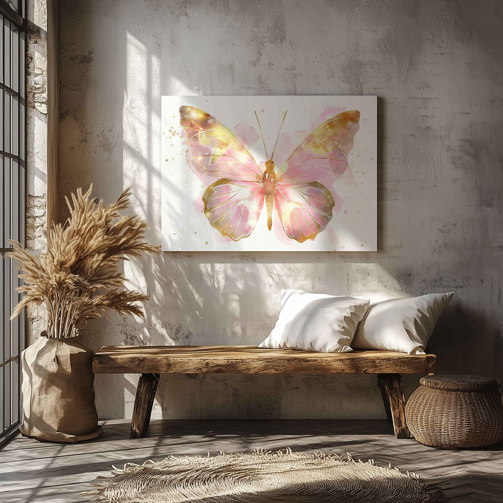 Golden Pink Blush Spring Butterfly - Framed Canvas Wall Art Print | House Prints