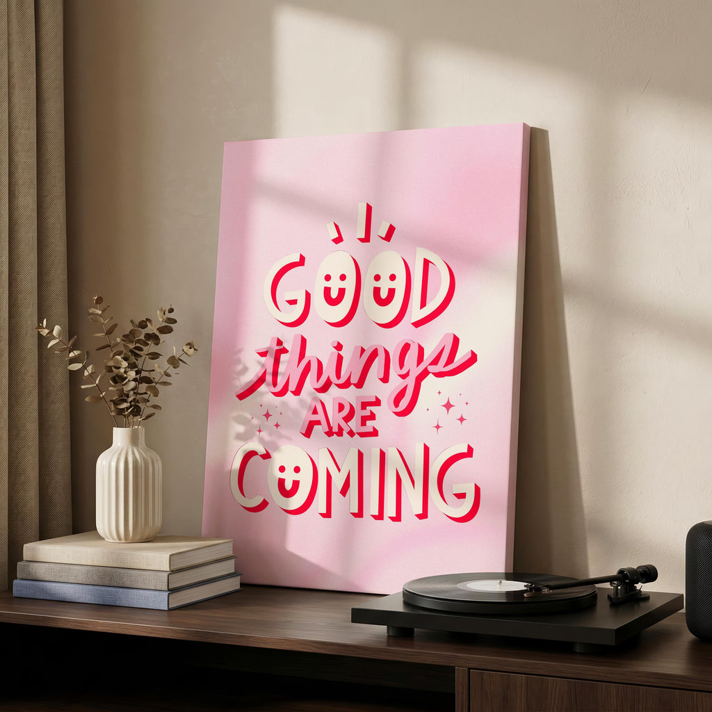 Good Things Art Coming Positive Pink Motivation - Framed Canvas Wall Art Print