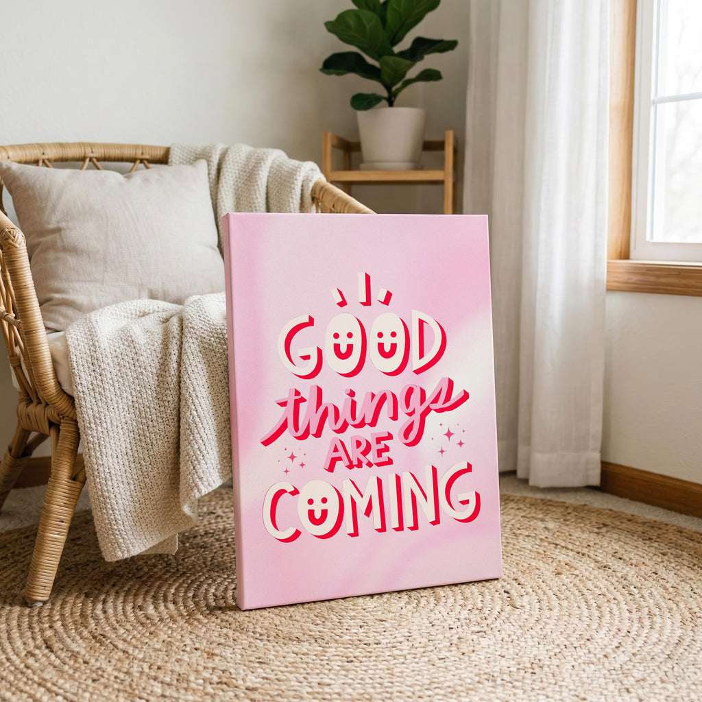 Good Things Art Coming Positive Pink Motivation - Framed Canvas Wall Art Print
