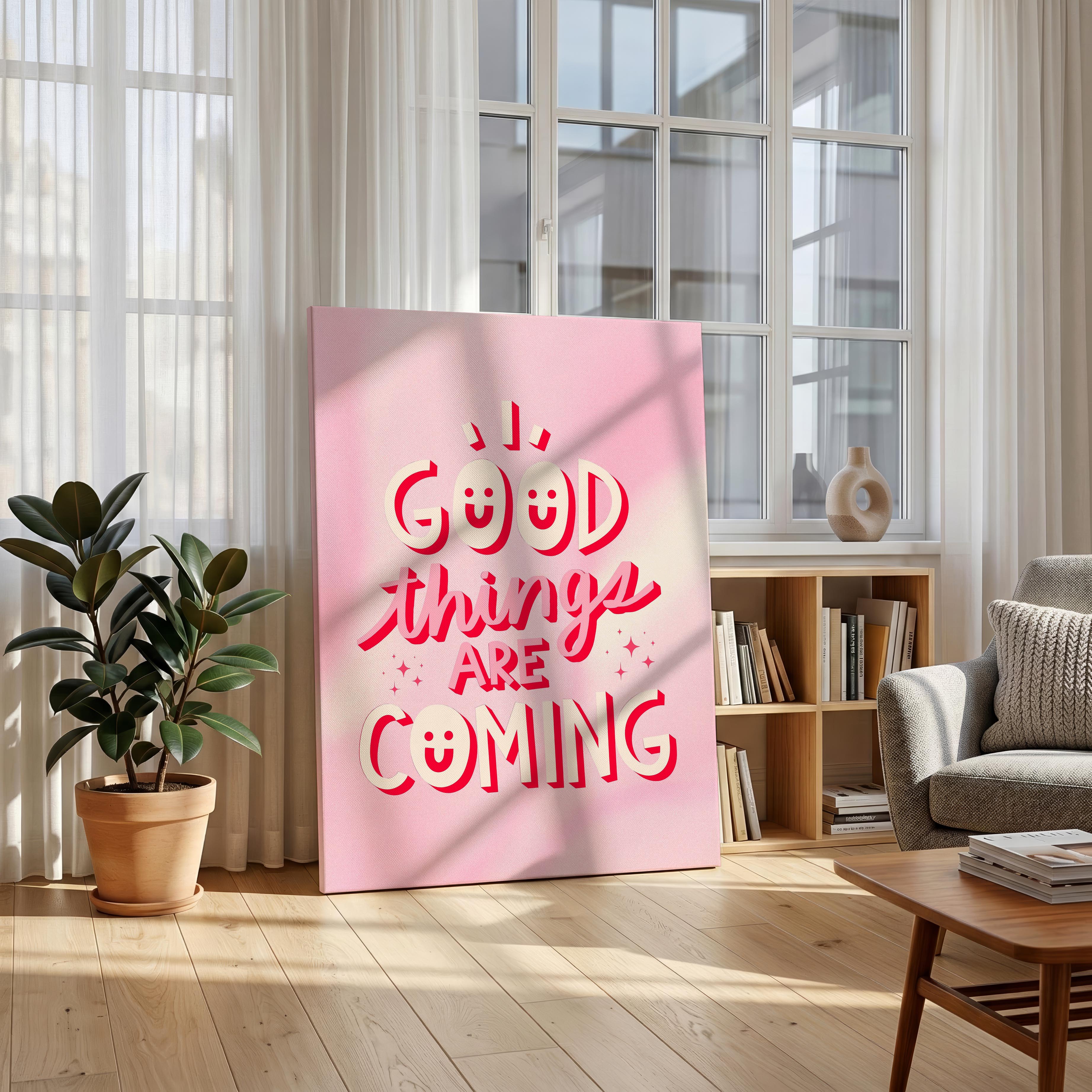 Good Things Art Coming Positive Pink Motivation - Framed Canvas Wall Art Print
